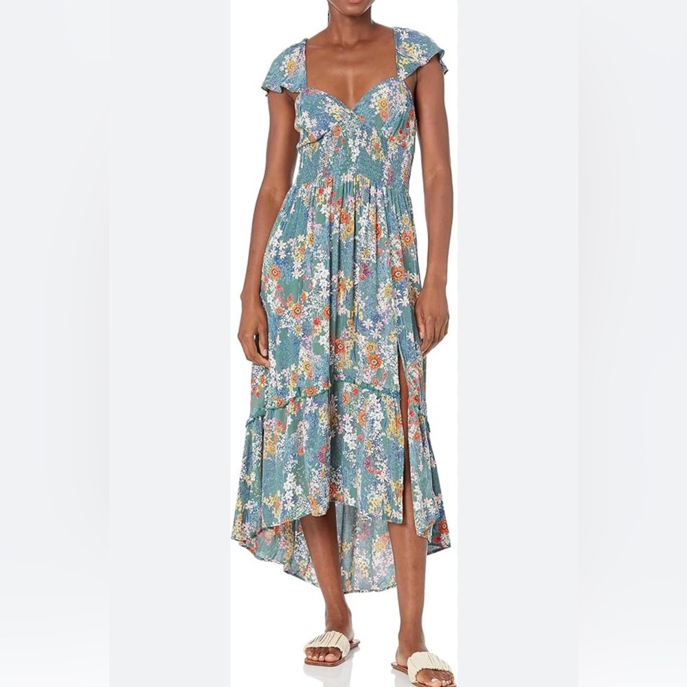 Long liberty floral dress with cap sleeves and slit up the front